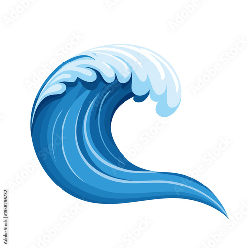 A stylized blue ocean wave curls and breaks with white foam against a plain background