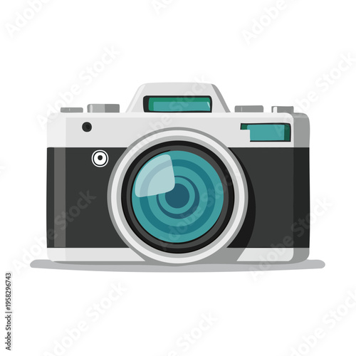 Vintage style camera with teal lens and flash detail front view vector illustration