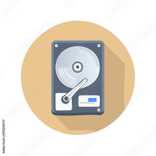 Flat design illustration of a hard disk drive icon with a long shadow