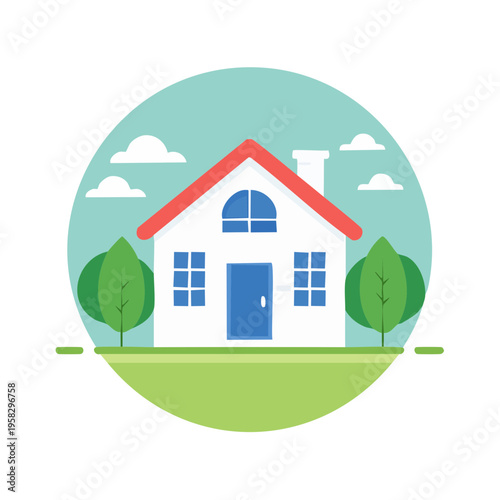 Charming detached house with red roof and green trees under a blue sky with clouds