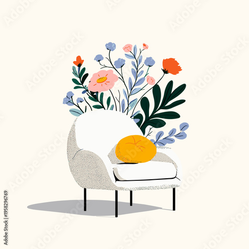 Plush Boucle Accent Chair with Brass Legs