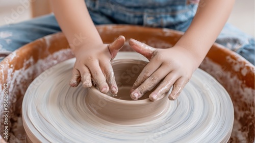 Child making pottery on wheel. Girl forming clay bowl with hand in craft studio. Artistic hobby, creative education and creative development for kid. Workshop activity and leisure time.