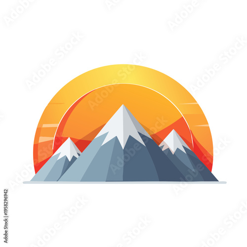 Majestic snow capped mountain range silhouetted against a vibrant sunset sky with warm orange and yellow hues