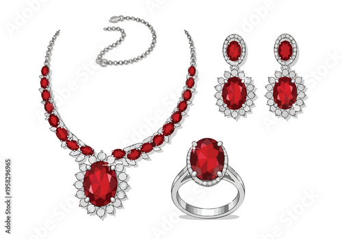 Exquisite set of elegant jewelry featuring a dazzling red gemstone necklace, matching earrings, and a stunning ring, perfect for special occasions