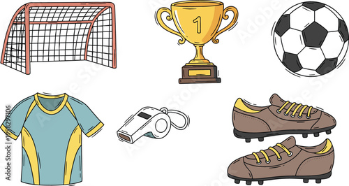 Soccer sports equipment vector set with football ball, goal net, trophy cup, jersey, cleats and referee whistle for game and training design