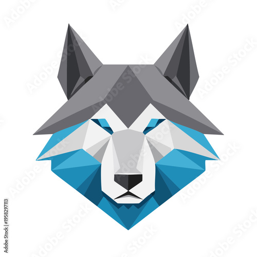 Modern Geometric Wolf Head Abstract Design with Blue and Gray Polygonal Shapes