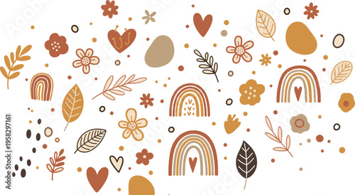 Boho rainbow and floral doodle vector pattern with earthy tones, abstract shapes, leaves, hearts and hand drawn elements for trendy design