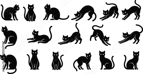 Black cat silhouettes collection with diverse poses sitting walking stretching crouching arching back playful animal design illustration for Halloween projects creative artwork and education
