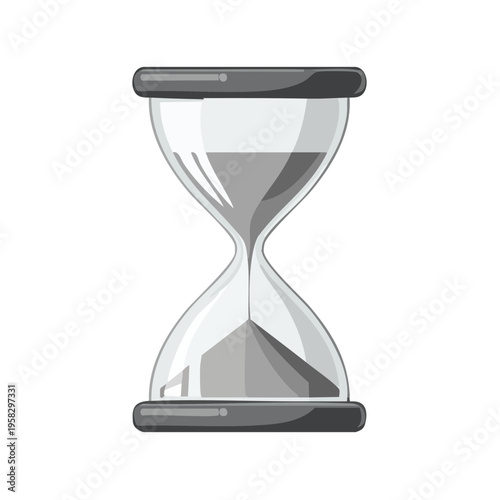 Classic hourglass with gray sand flowing between glass bulbs symbolizing time passing