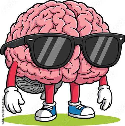 Cartoon brain character with sunglasses gloves sneakers playful design anthropomorphic style symbolizing intelligence creativity health awareness fun illustration for kids projects education artwork