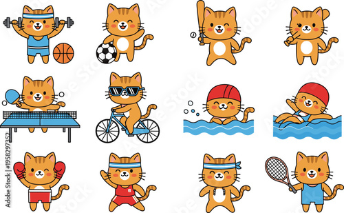 Cartoon cats playing sports activities including soccer baseball tennis boxing swimming cycling 
