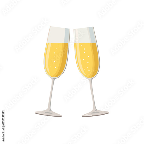 Two elegant champagne flutes clinking together with golden bubbly liquid