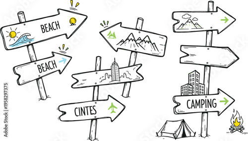Hand drawn travel direction signpost vector set with beach, camping, mountains and city arrows for tourism, adventure and vacation concept design