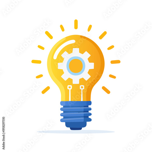 Glowing light bulb with internal gear symbolizing mechanical innovation and bright ideas