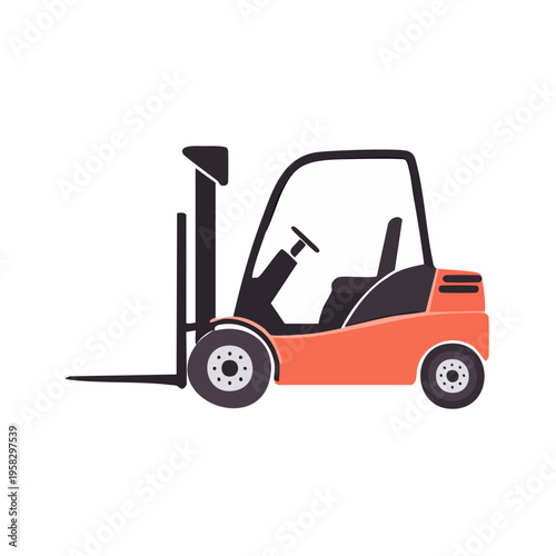 Orange forklift truck side view with black cabin and lifting forks cartoon style