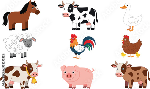 Cartoon farm animals collection with horse cow pig sheep duck rooster hen chicks colorful playful design cute characters illustration for kids education projects creative artwork