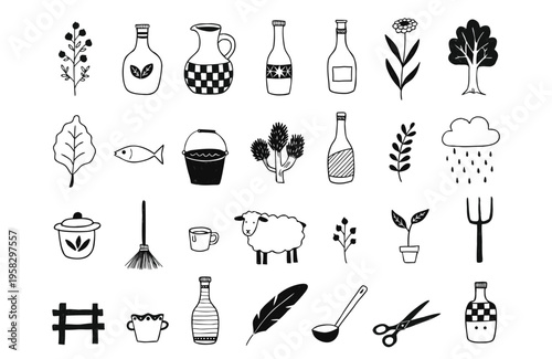 
Collection of black and white illustrations of various farm and garden items