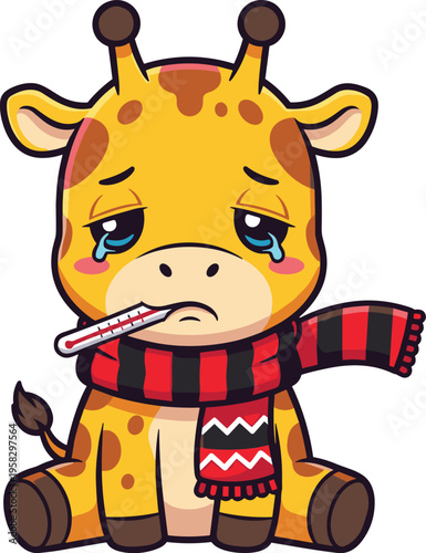 Cartoon giraffe character sitting sick with thermometer scarf sad expression cute animal illustration playful design for kids projects education health awareness and creative artwork