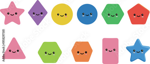 Cartoon geometric shapes collection with smiling faces colorful star circle triangle pentagon hexagon rectangle playful design illustration for kids education projects learning artwork