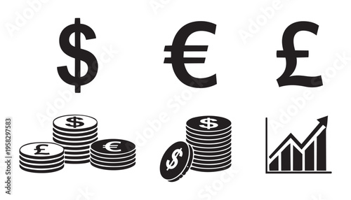 Set of isolated vector illustration currency symbols and financial growth chart on transparent background