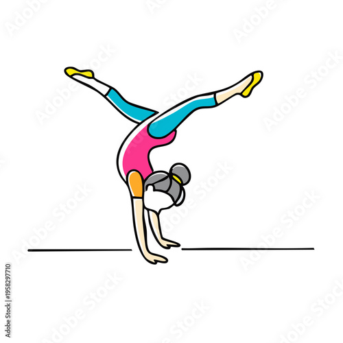 Cartoon girl performing a handstand with legs split, illustration for fitness and gymnastics