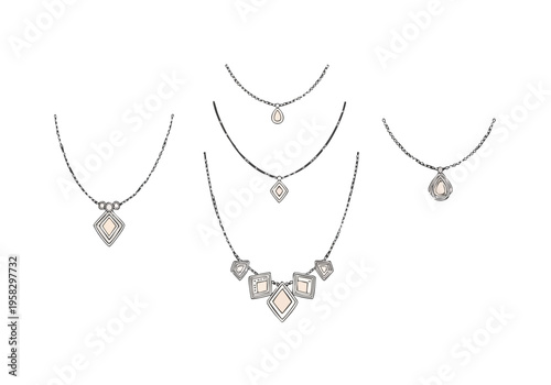 Collection of elegant necklaces with geometric pendants, showcasing refined craftsmanship and contemporary design for discerning tastes