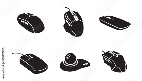 Computer mouse illustration set, different types of computer mice vector graphics on transparent background.