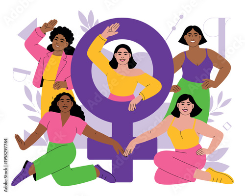 A group of diverse women celebrating female empowerment with a large purple female symbol