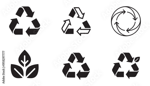 Recycle symbol and leaf illustration vector set, environmental protection icons on transparent background.
