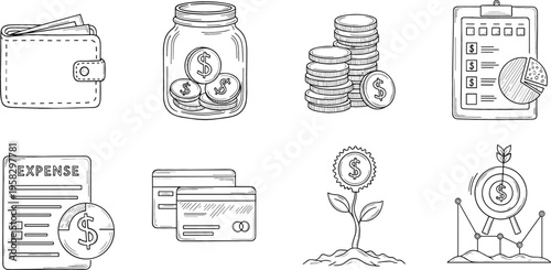 Hand drawn finance and money management vector set with wallet, savings jar, coins, expenses, credit cards and investment growth illustrations