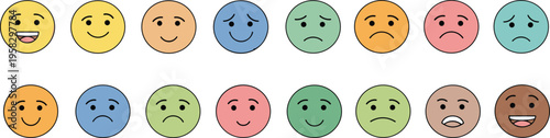 Collection of flat emoji faces with various expressions including happy sad angry and confused icons in colorful circles for social media feedback and communication