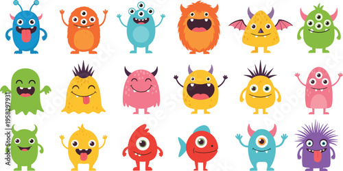 Cute cartoon monster collection with colorful friendly characters including aliens creatures and funny beasts in various shapes for kids party decoration and graphic design