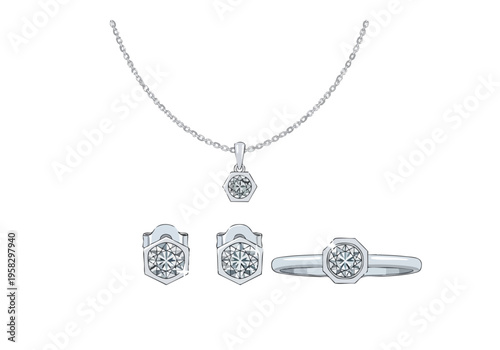 Collection of exquisite diamond jewelry including a pendant necklace, stud earrings, and a ring set in a hexagonal design