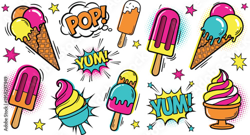 Tableau sur toile Pop art ice cream vector set with colorful popsicles, cones, comic style text, h