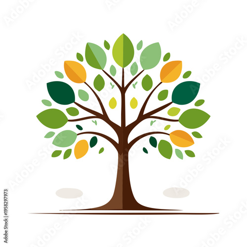 Stylized vibrant deciduous tree illustration with colorful foliage and branching structure