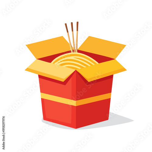 Open red and yellow takeout box filled with noodles and chopsticks