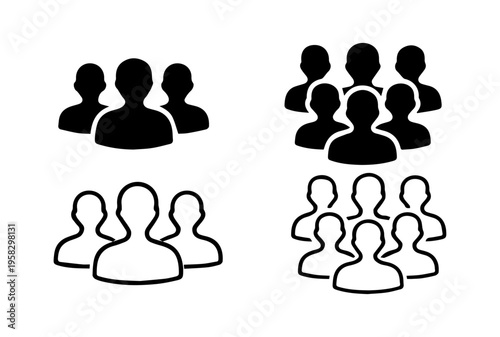 Team and Community Icons ,Group of People in Solid and Outline Styles Representing Collaboration and Social Interaction
