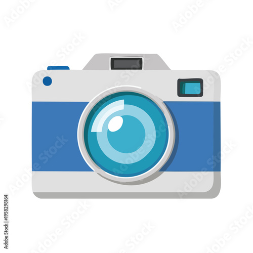 Stylized camera with blue and white body and reflective lens