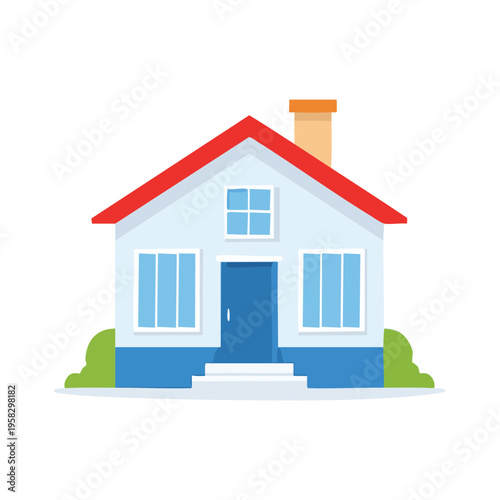 Simple cartoon illustration of a detached house with a red roof and blue accents