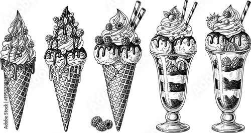 Vintage hand drawn ice cream vector set with waffle cones and sundaes, detailed dessert illustrations in retro engraving style for menu design