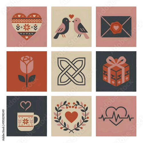 北欧風の洗練されたバレンタインアイコン9種セット 白背景に孤立したミニマルなハートとギフトのイラスト 慶事や大人向けデザインに最適な素材