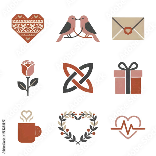 北欧風の洗練されたバレンタインアイコン9種セット 白背景に孤立したミニマルなハートとギフトのイラスト 慶事や大人向けデザインに最適な素材