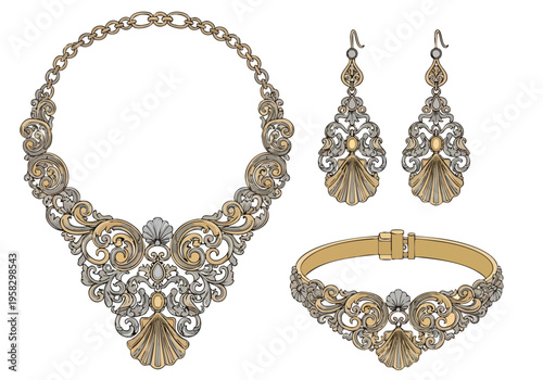 Exquisite Ornate Gold and Silver Filigree Jewelry Set Featuring a Necklace, Earrings, and Bracelet with Intricate Scrollwork and Pearl Accents