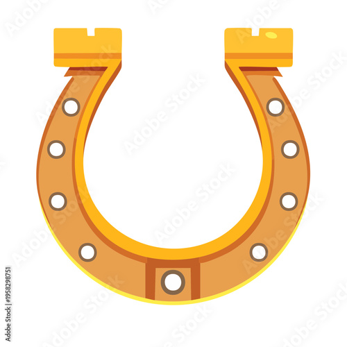 Golden horseshoe with nail holes and decorative top, isolated on white, lucky charm