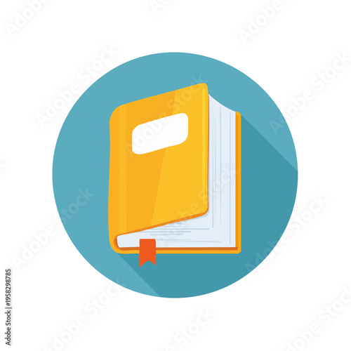 Open hardcover book with yellow cover and orange bookmark illustration in a blue circle