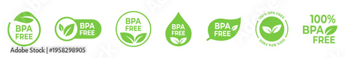 BPA free icon collection. clean label symbols and safety badges for food packaging, baby product labeling, health supplement branding and eco friendly consumer goods marketing