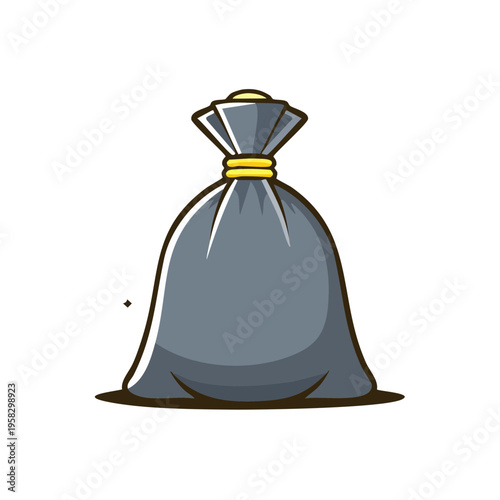 A drawn icon of a full gray garbage bag tied at the top with a yellow tie