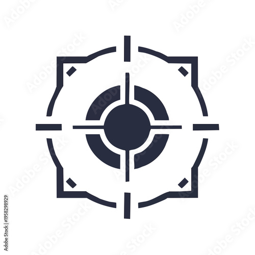 Dark blue crosshair target icon with concentric circles and square reticle on white background
