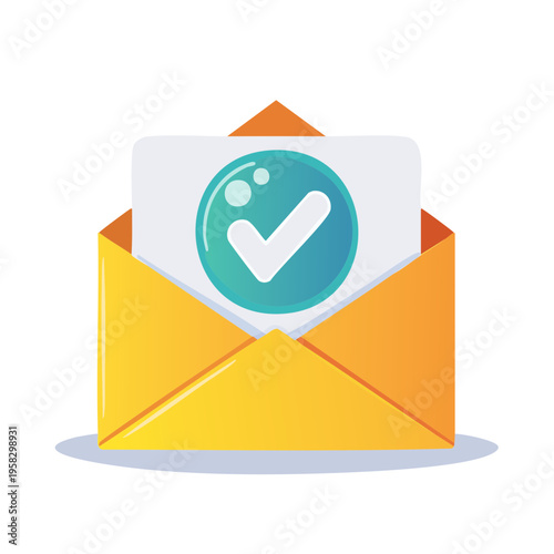 Orange envelope with white paper and green checkmark confirmation seal inside