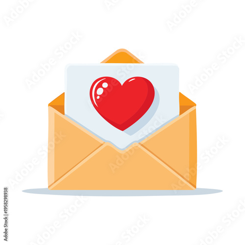 Open envelope with red heart card inside symbolizing love message communication and affection